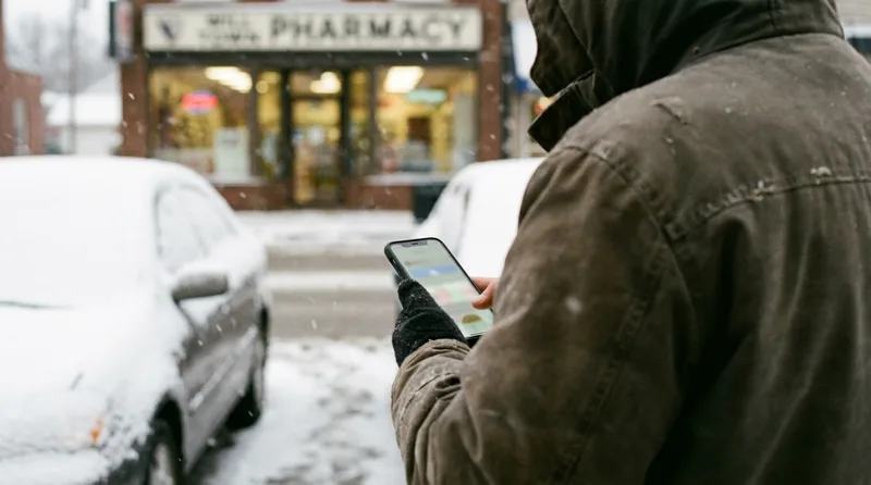 Patient in a winter coat checking pharmacy hours on a smartphone beside a snowy street