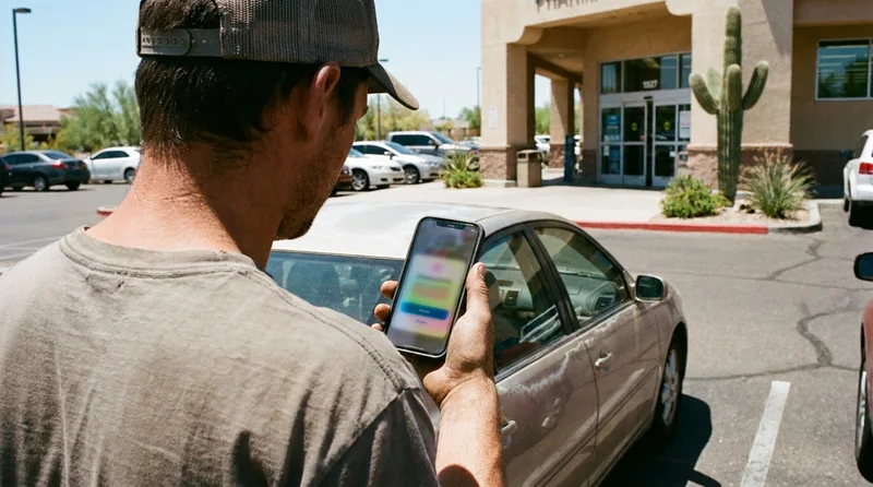 Patient checking pharmacy hours on a smartphone in a sunny Arizona pharmacy parking lot beside a saguaro cactus