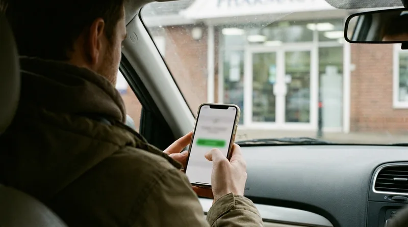 Patient in a parked car checking a pharmacy website on a smartphone, pharmacy entrance visible through the windshield