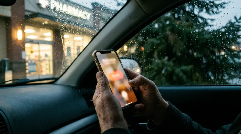Patient holding a smartphone in a parked car on a rainy evening to check a pharmacy website
