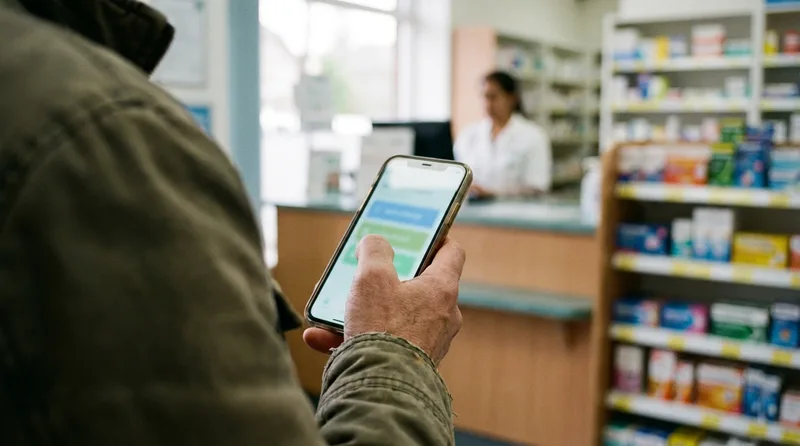 Patient holding a smartphone in a pharmacy waiting area about to tap a large button on a mobile website