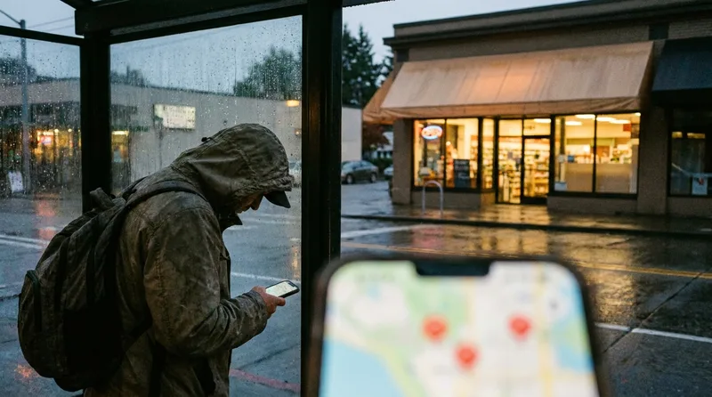 Commuter checking a map with three pharmacy pins on a phone at a rainy Seattle bus stop at dusk
