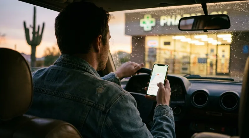 Traveler searching a map for an open pharmacy on a smartphone at dusk in an Arizona city