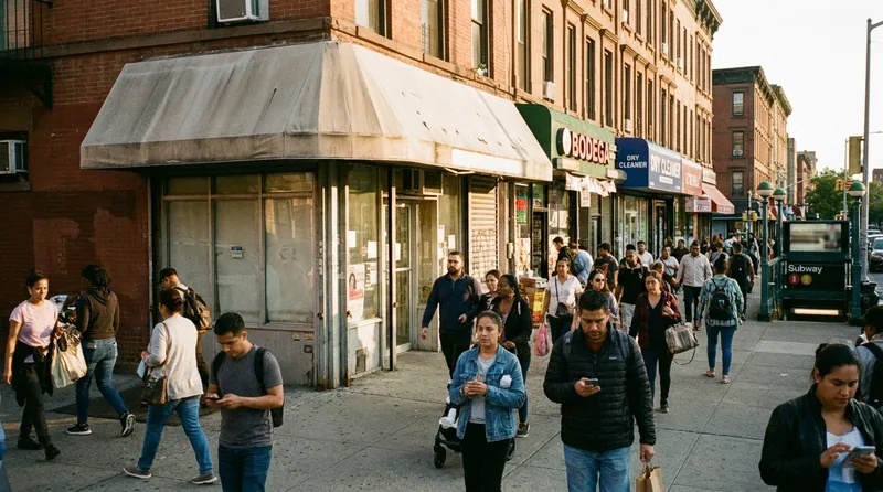 Independent pharmacy storefront on a walkable New York City street with pedestrians passing by