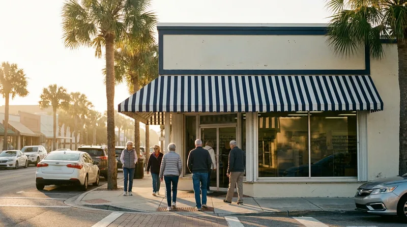 Independent Florida community pharmacy storefront with palm trees and customers walking in on a sunny afternoon
