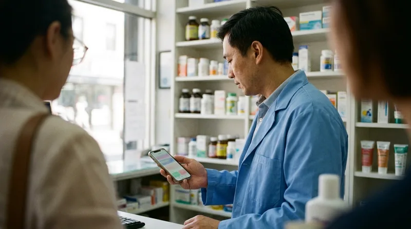 Independent pharmacist checking a smartphone at a bright neighborhood pharmacy counter