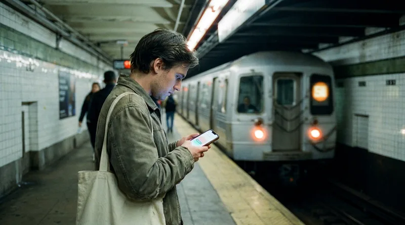 Person on a New York subway platform checking pharmacy hours on a smartphone