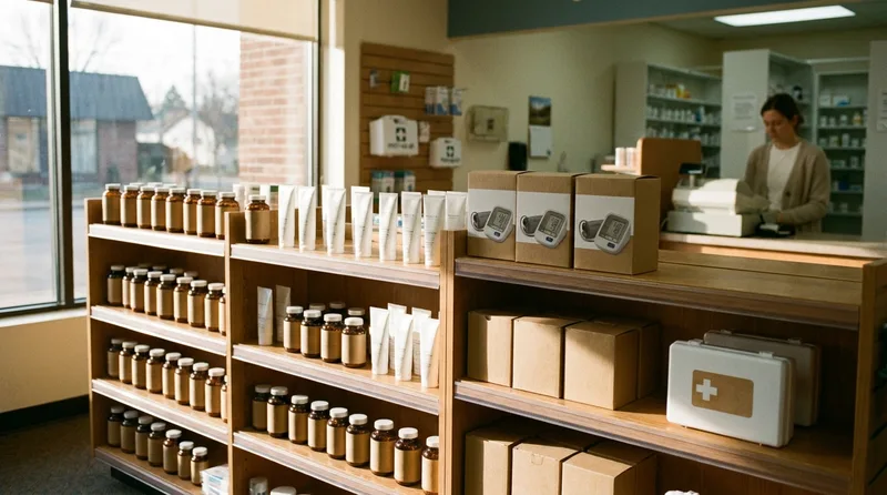 Independent pharmacy front-of-store shelves stocked with vitamins, skin care, and home health devices ready for online ordering