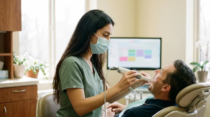A dentist using an iTero 3D scanner to capture a patient's tooth for a same-day crown