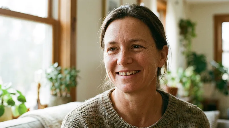 An adult woman smiling with a small gap between her two upper front teeth