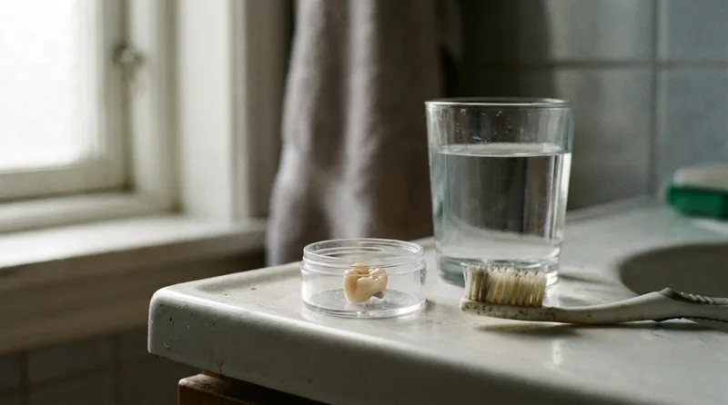 A single dental crown that fell off, saved in a small clean container on a bathroom counter