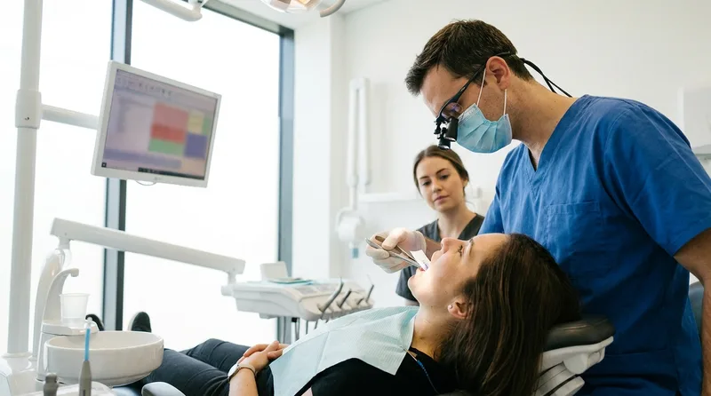 Dentist checking bite alignment after placing a new crown