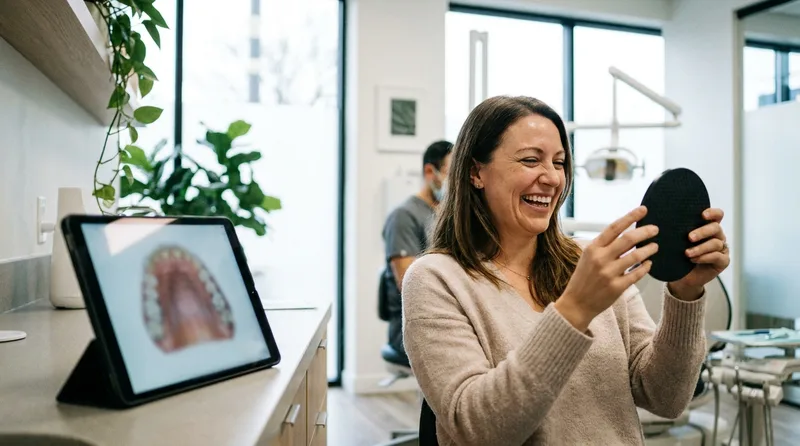 Patient comparing her digital smile design mockup to her actual finished smile