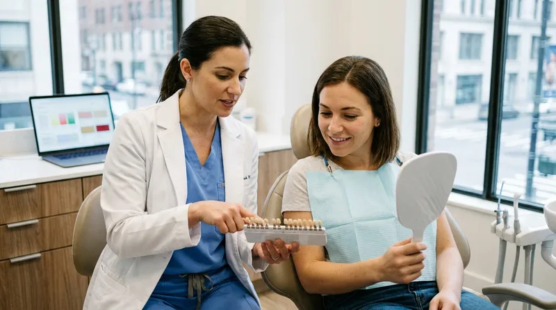 Dentist showing a patient veneer options during a cosmetic consultation
