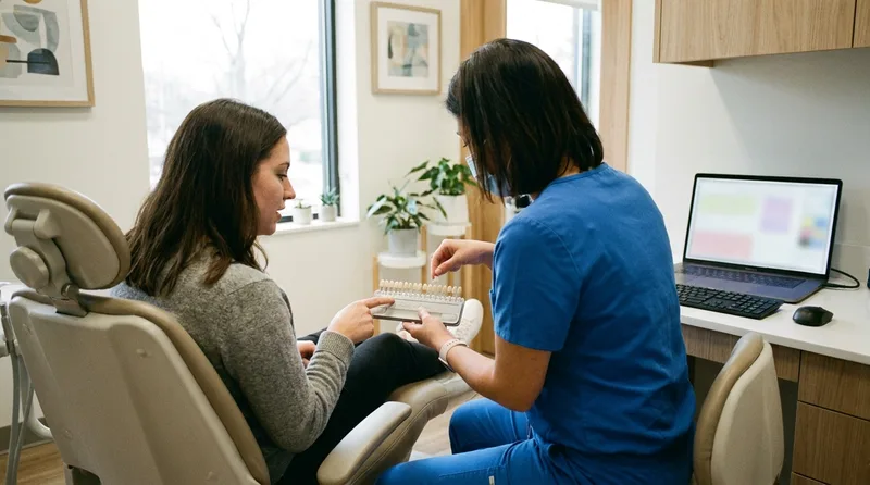 Dentist showing a patient different crown material options during a consultation