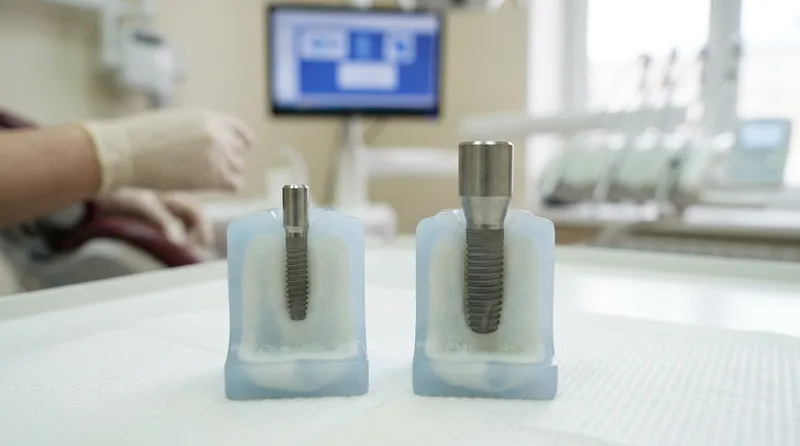 Comparison of a mini dental implant and a standard implant post side by side