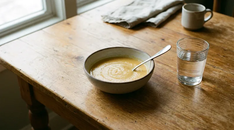 A bowl of smooth soup with a spoon and a glass of water with no straw on a kitchen table