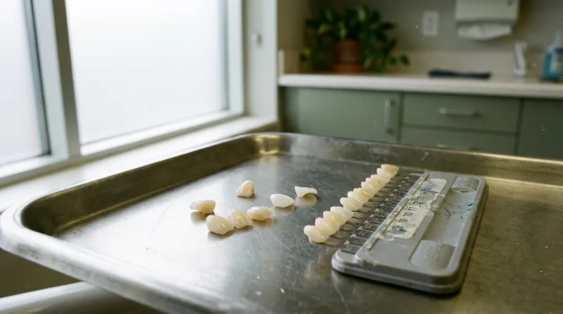 Porcelain veneer samples on a dental tray beside a tooth shade guide