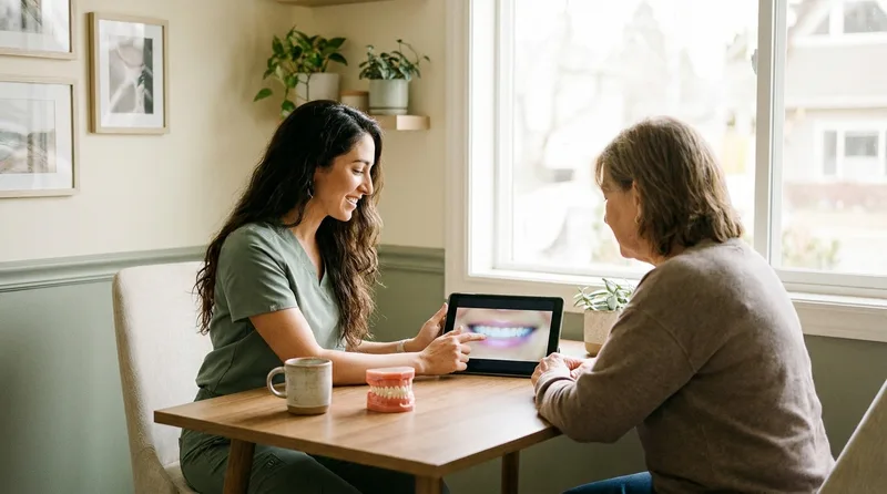 A dentist showing a patient a smile preview on a tablet during a consultation