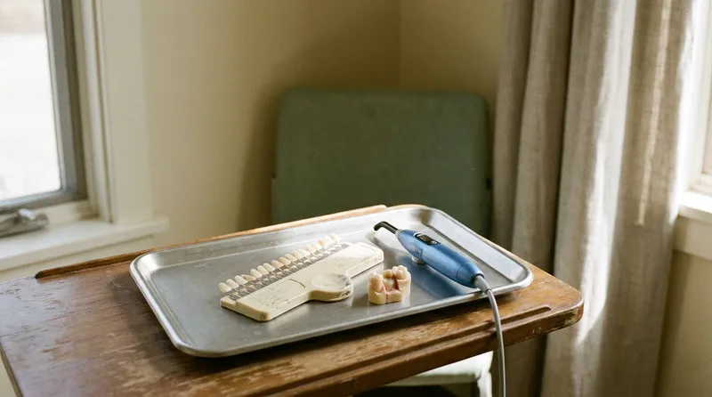 A composite shade guide and a dental curing light on a clean tray beside a tooth model
