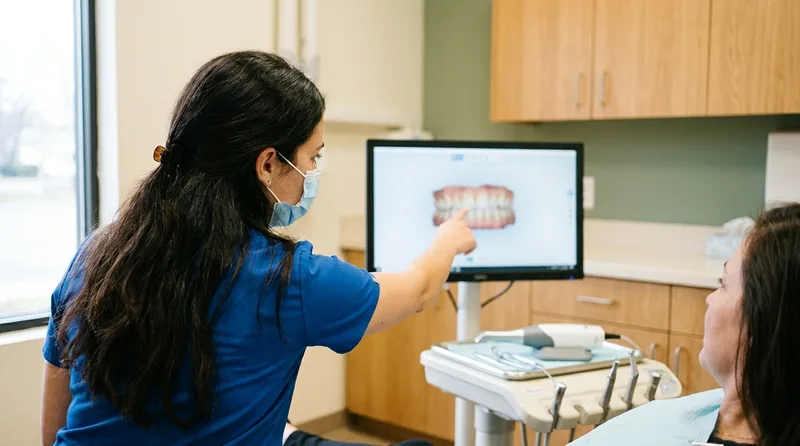 A dentist reviewing an iTero 3D scan of a patient's teeth on a monitor before fitting an oral appliance