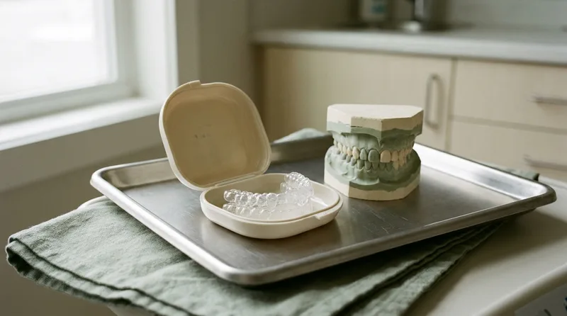 Clear Invisalign aligners and a case resting on a clean dental tray beside a tooth model