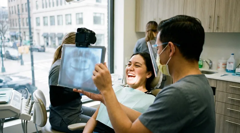 Dentist using digital smile design software with a patient