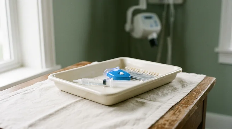 A whitening gel syringe, a dental light device and a shade guide on a clean tray