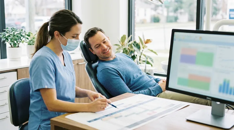 Patient consulting with a dentist about a treatment timeline for dental implants