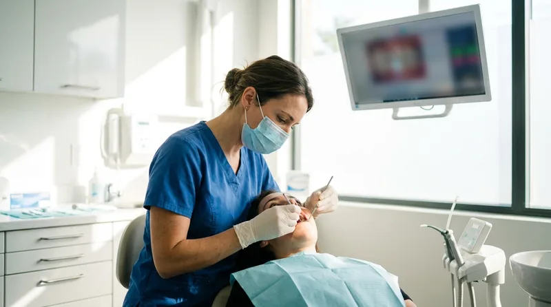 Dentist examining a tooth to determine whether a crown or filling is needed