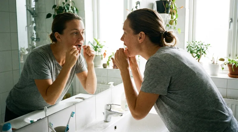 Patient carefully flossing around a temporary dental crown
