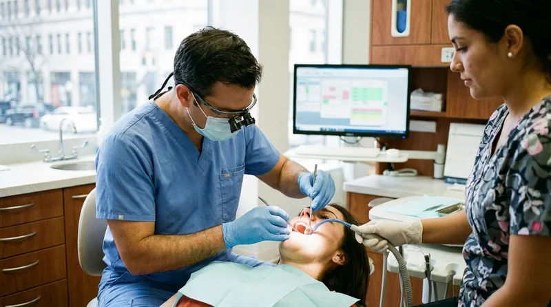 Dentist placing a permanent crown on a tooth following root canal treatment