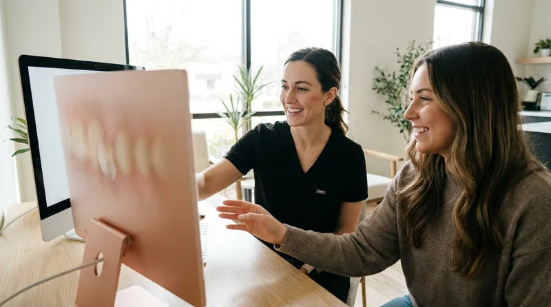 Dentist reviewing a smile design preview addressing a gummy smile with a patient