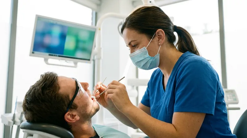 Dentist examining a patient tooth to assess veneer candidacy