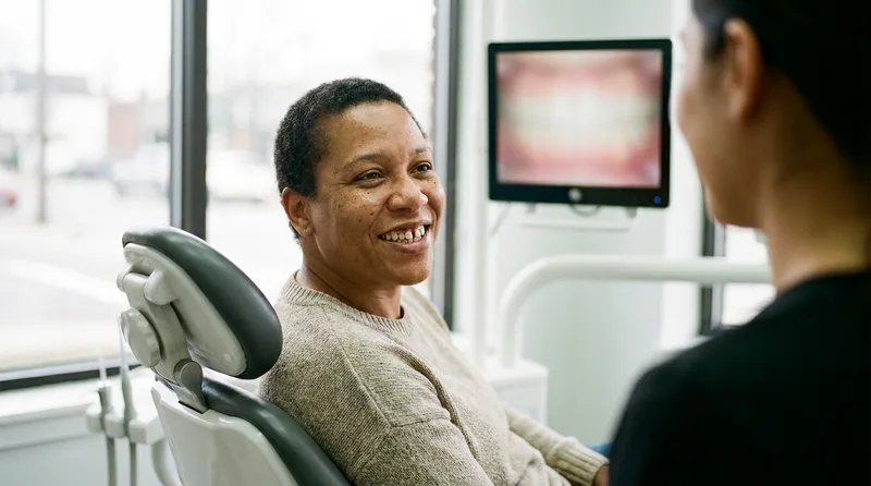 Patient smiling to show teeth with small gaps considering veneers