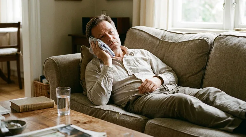 An adult man resting at home with a cold compress held to his cheek after a dental procedure