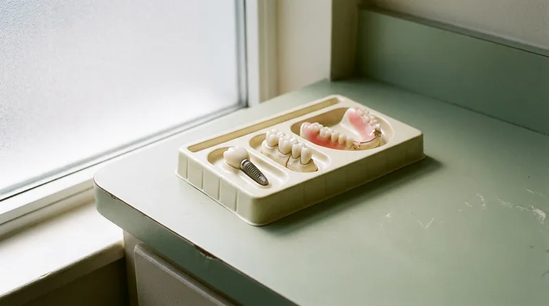 A dental implant model, a bridge model and a denture model arranged on a clean dental tray