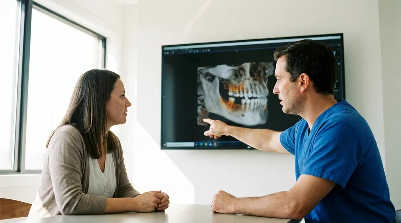 Dentist reviewing a 3D CBCT scan to assess jawbone volume for implant planning