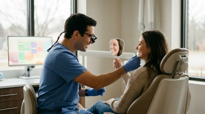 Dentist examining a patient smile during a consultation