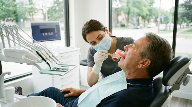 Dentist fitting a denture with mini implant attachments during a consultation