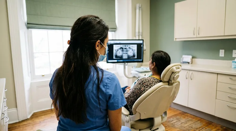 A dentist reviewing a digital X-ray with a patient during a same-day emergency visit
