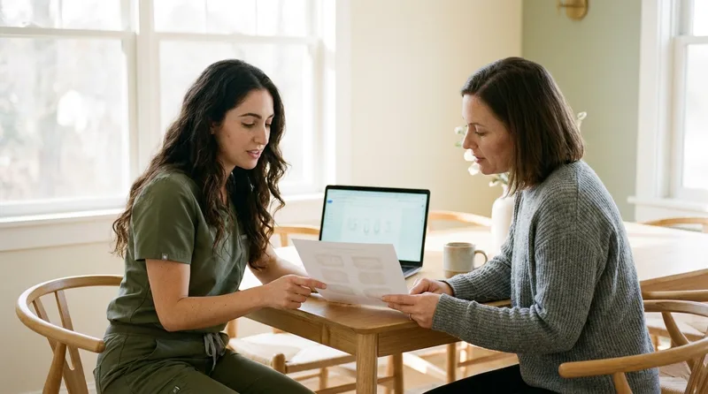 A dentist reviewing written aftercare instructions with a patient at a consultation table