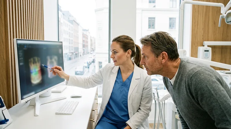 Dentist reviewing a CBCT scan with a patient during an initial implant consultation