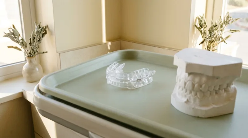 A custom sleep apnea oral appliance resting on a dental tray beside a tooth model