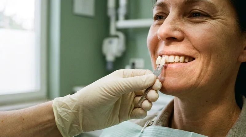 A dentist holding a tooth shade guide next to a patient's smile during a whitening consultation