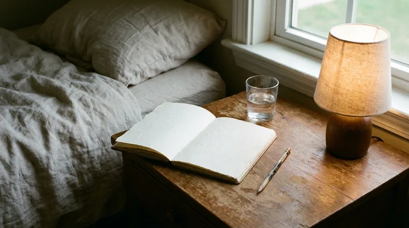 A sleep diary notebook with a pen and a glass of water on a bedside table