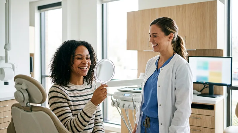 Patient reviewing her finished smile makeover results with her dentist