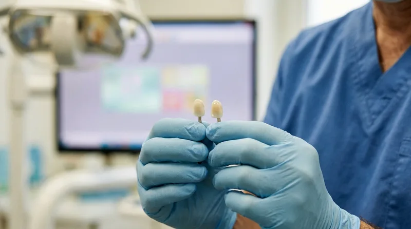 Dentist showing a patient composite and porcelain veneer samples during a consultation