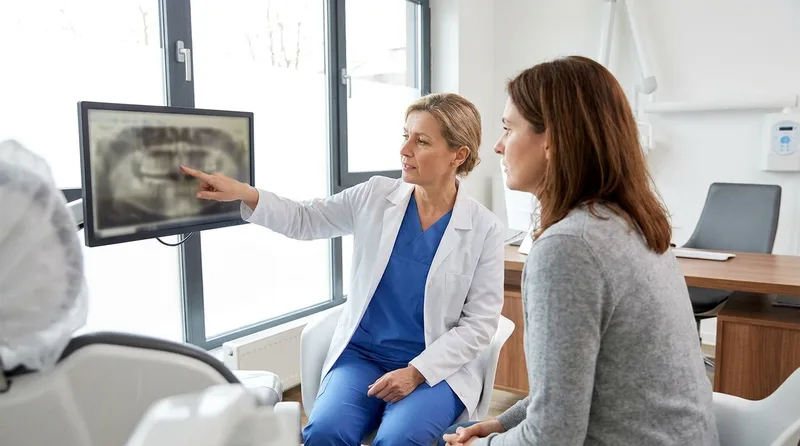 Dentist reviewing a CBCT scan to determine same-day implant candidacy