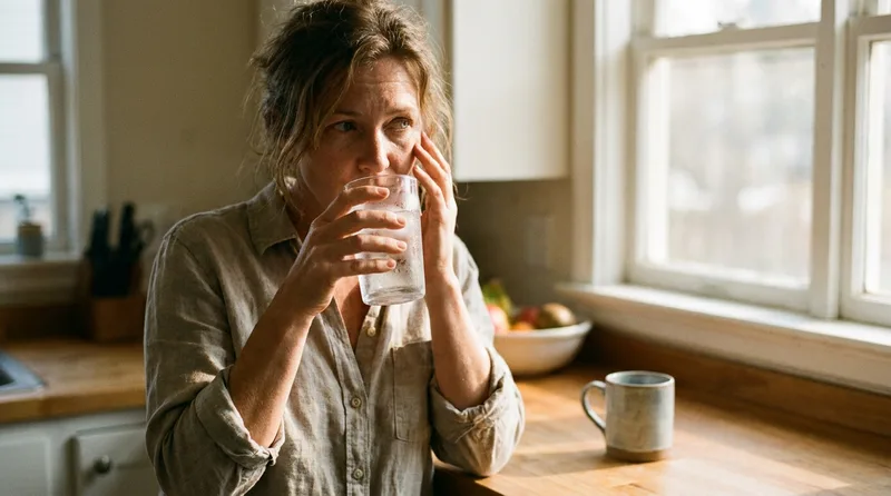 An adult woman hesitating before sipping iced water because of tooth sensitivity